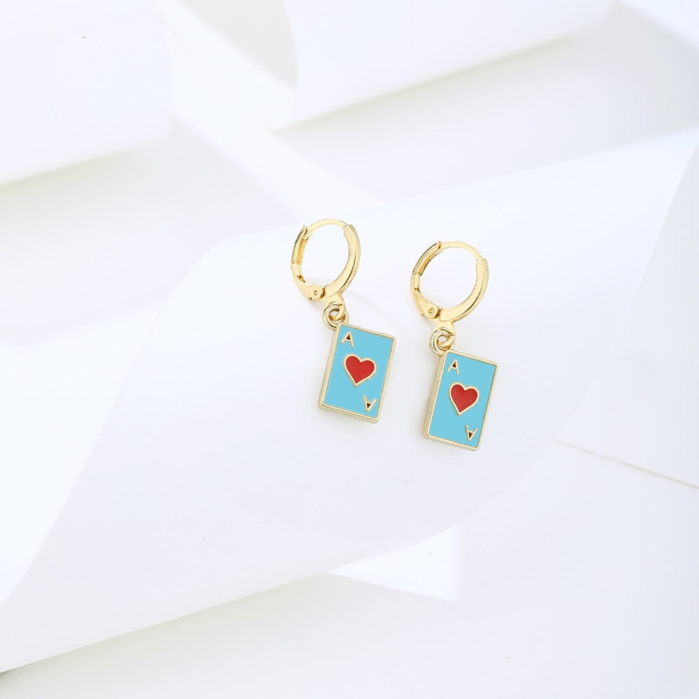 Dripping Oil Blue Play Card Drop Earrings Jewelry For Women Fashion Accessories