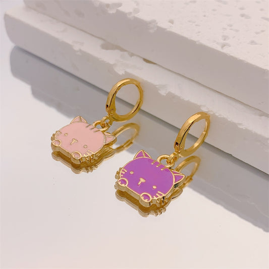 Pink and Purple Kitty Drop Earrings Women Creativity Jewelry Cute Earring Girls