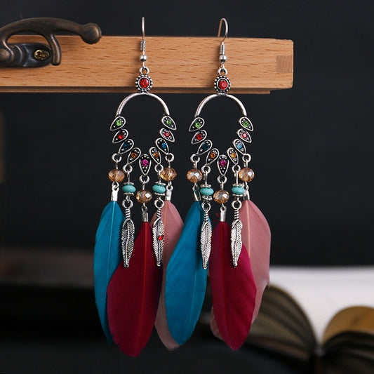 Burgundy Blue Boho Ethnic Feather Dangle Earrings Fashion Party Girls Pendant