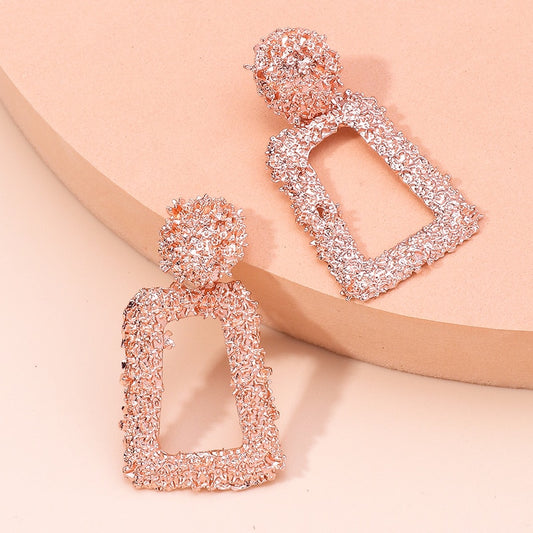 Rose Gold Color Textured Geometric Drop Earrings For Women Girl Fashion Modern