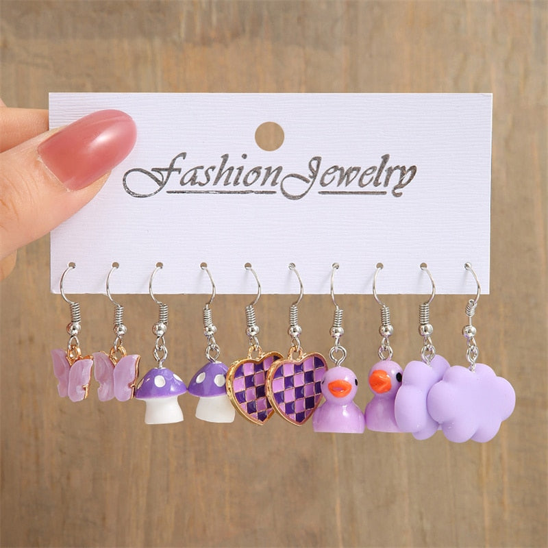 5 Pairs Purple Cartoon Earrings for Girls Women Birthday Gift Lovely Jewelry