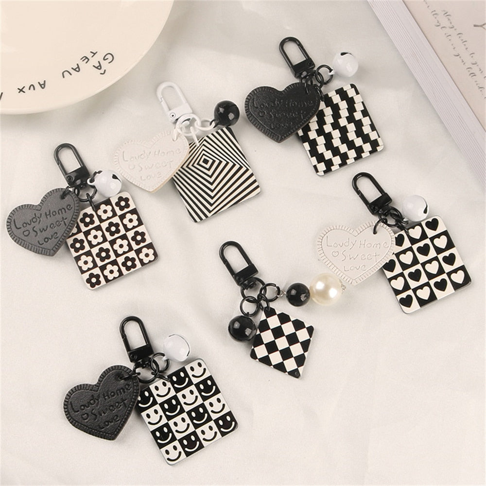 6 Styles Creative Acrylic Keychain Black White Plaid Keyring With Pearl Small