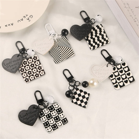 6 Styles Creative Acrylic Keychain Black White Plaid Keyring With Pearl Small