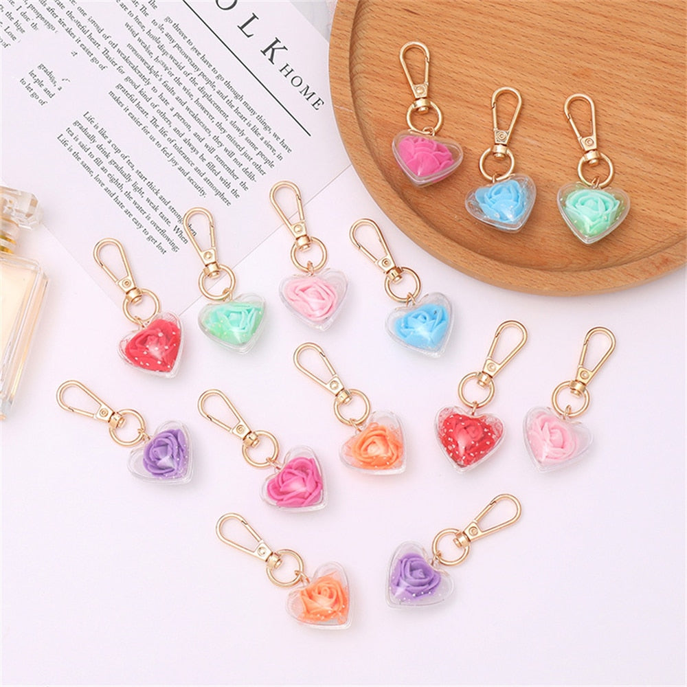 7 Colors Romantic Rose Flower Keychains Charms Transparent Eternal Flower Key