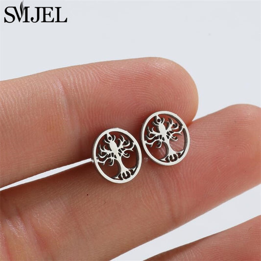 Tree Life Stainless Steel Earrings Women Jewelry Small Studs Gifts Earring