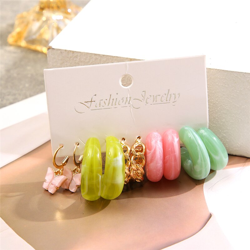 5 Pairs Green Pink Cute Hoop Earrings Trendy Jewelry Creative Style Accessories