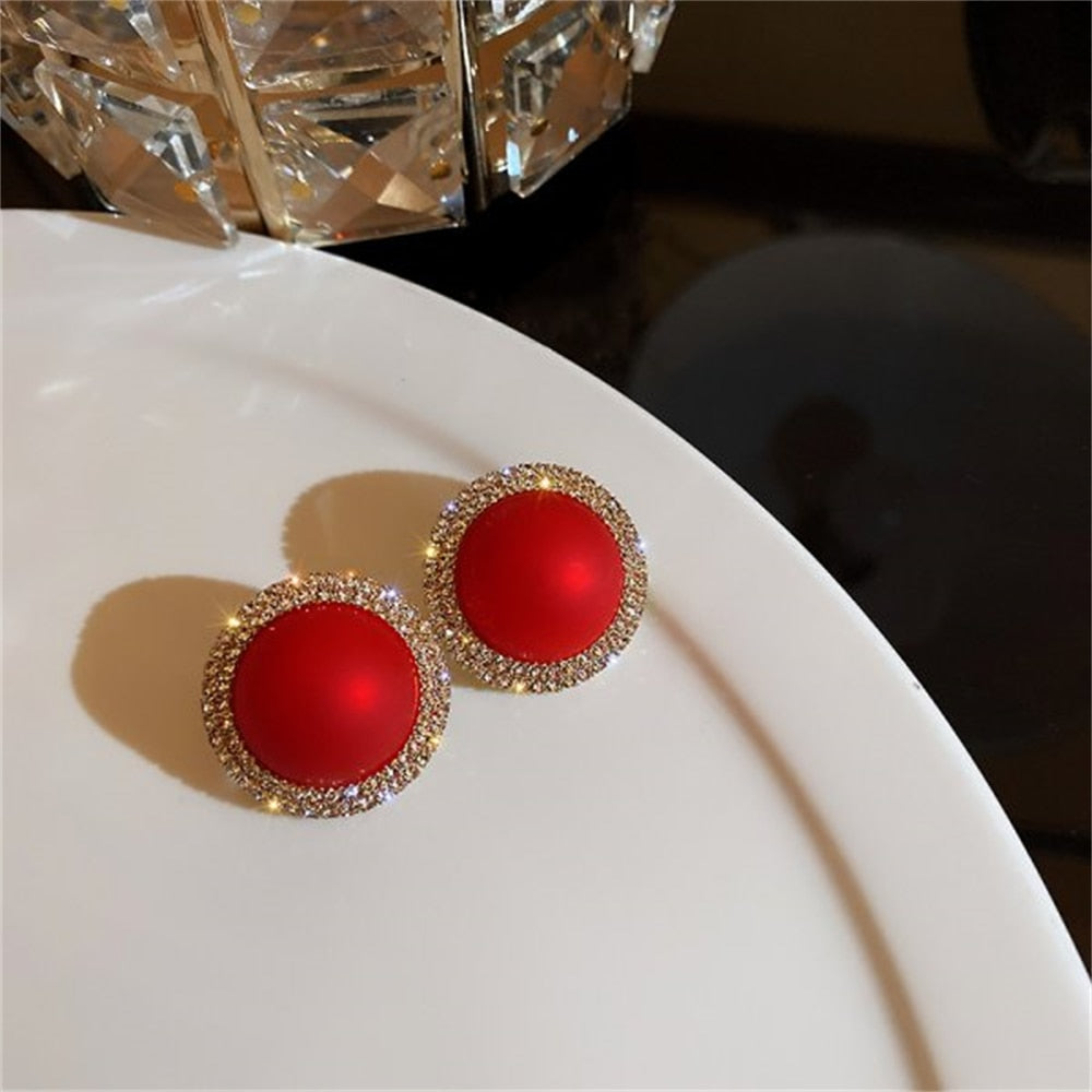 Pearl Red Rhinestone Stud Earrings For Women Girl Fashion Modern Jewelry Gift