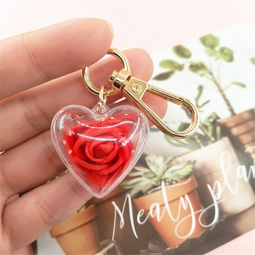 7 Colors Romantic Rose Flower Keychains Charms Transparent Eternal Flower Key