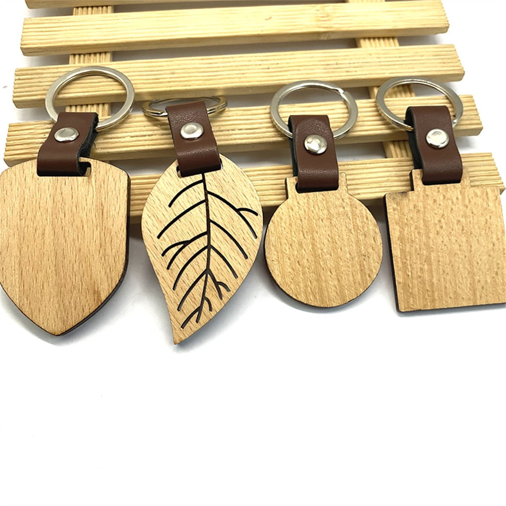 10 Styles Wooden Keychain Geometric House Car Shape Leather Wood Keyring Bag