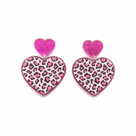 Pink Glitter Leopard Heart Drop Dangle Earrings Trendy Women Fashion Earrings