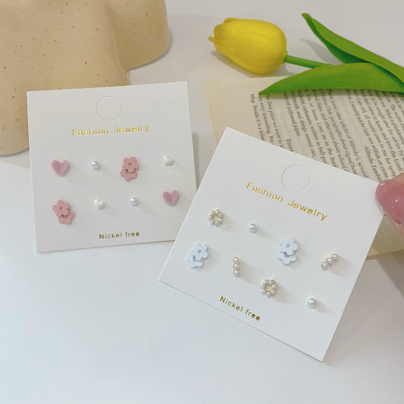 4 Styles Overlapping Flower Pearl Stud Earrings Women Girls Fashion Stylish