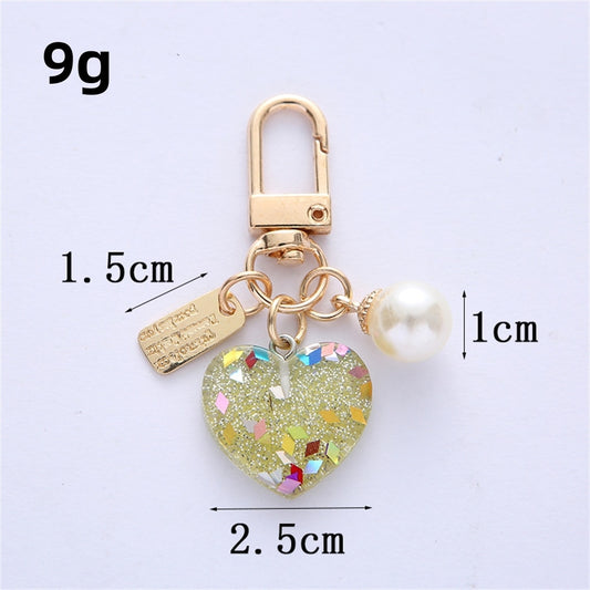 Cute Resin Heart Bag Charm Sequins Filled Keychain with Pearl Charm for Women