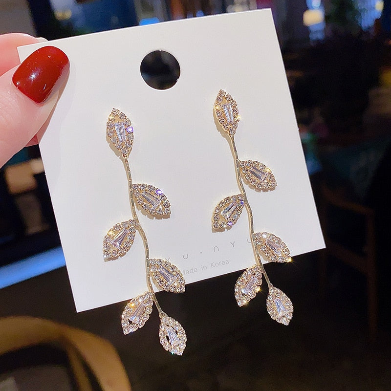 Rhinestone Leaf Vine Dangle Earrings Women Girl Fashion Trendy Jewelry