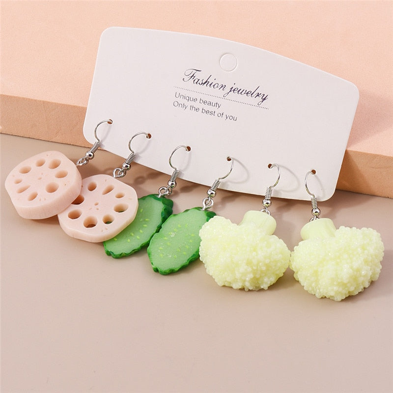 3 Pairs Califlower Cucumber Dangle Earrings for Girls Women Birthday Gift Lovely