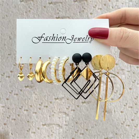 5 Pairs Geometric Design Drop Charm Earrings For Women Girl Fashion Modern