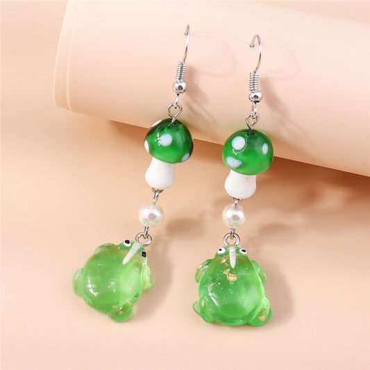 Green Mushroom and Frog Drop Earrings Women Creativity Jewelry Cute Earring