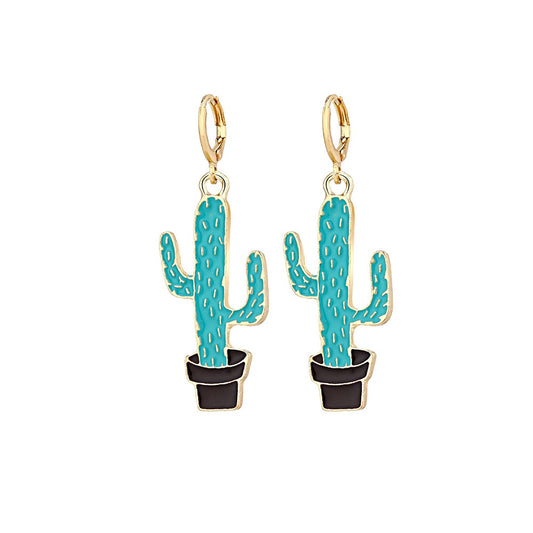 Retro Drip Oil Blue Cactus Pendant Drop Earrings Hip Hop Women Party Gift