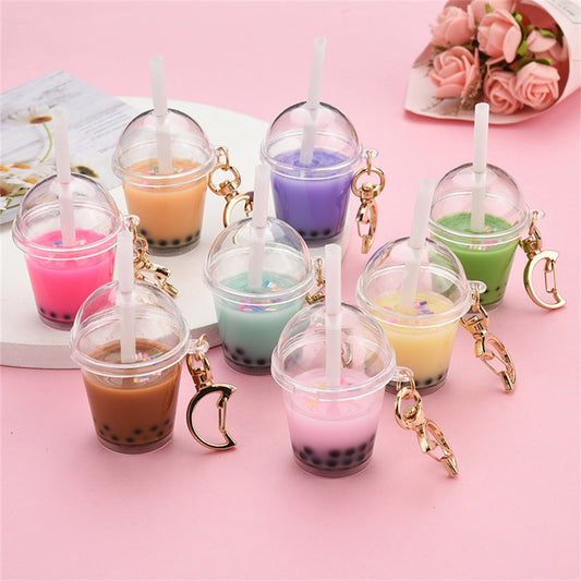 8 Styles Milk Bubble Tea Keychains Simulation Milk Tea Cup Pendant With Moon