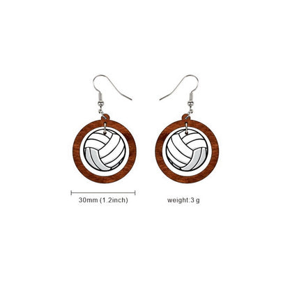 Round Wood Sports Volleyball Dangle Earrings for Girls Women Birthday Gift