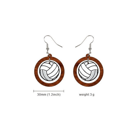 Round Wood Sports Volleyball Dangle Earrings for Girls Women Birthday Gift