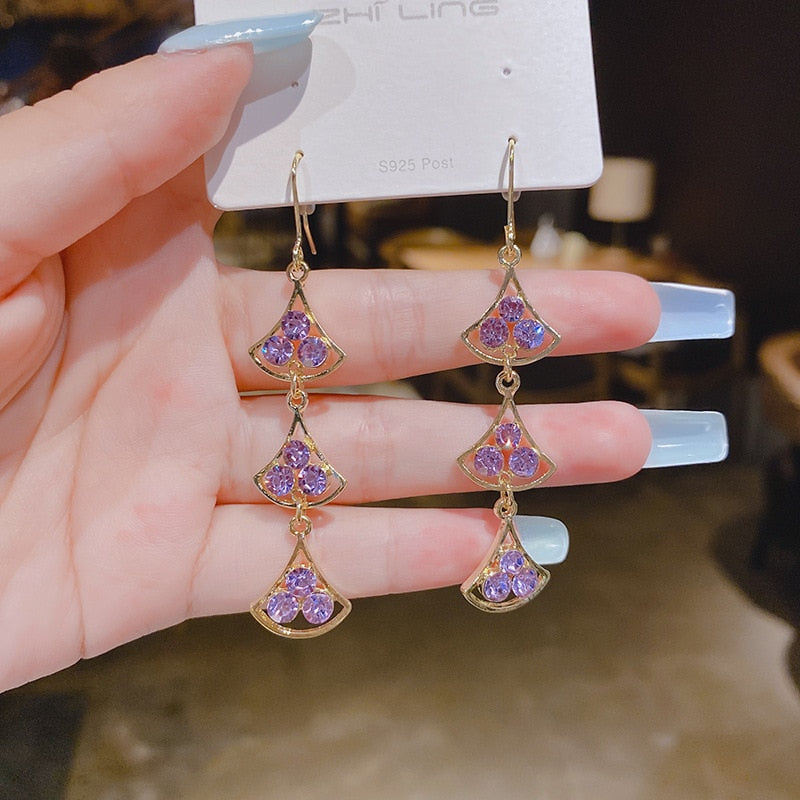 Violet Rhinestone Long Lady Cute Dangle Earrings for Women Jewelry Girls