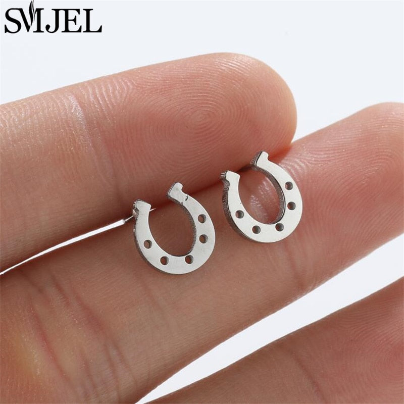 Horseshoes Design Stainless Steel Earrings Women Jewelry Small Studs Gifts