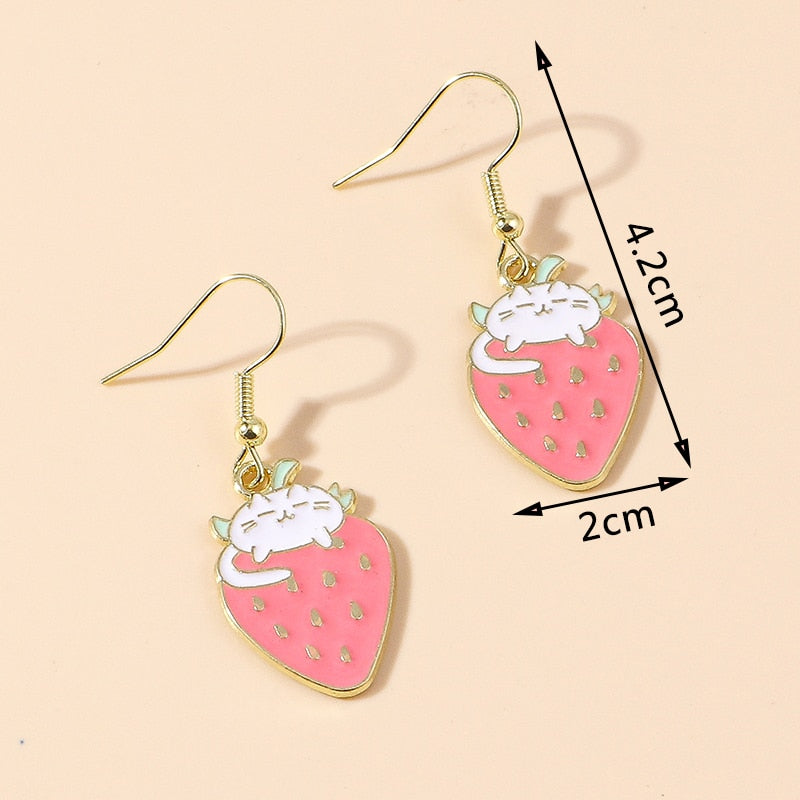 Cat and Strawberry Drop Earrings Women Creativity Jewelry Cute Earring Girls