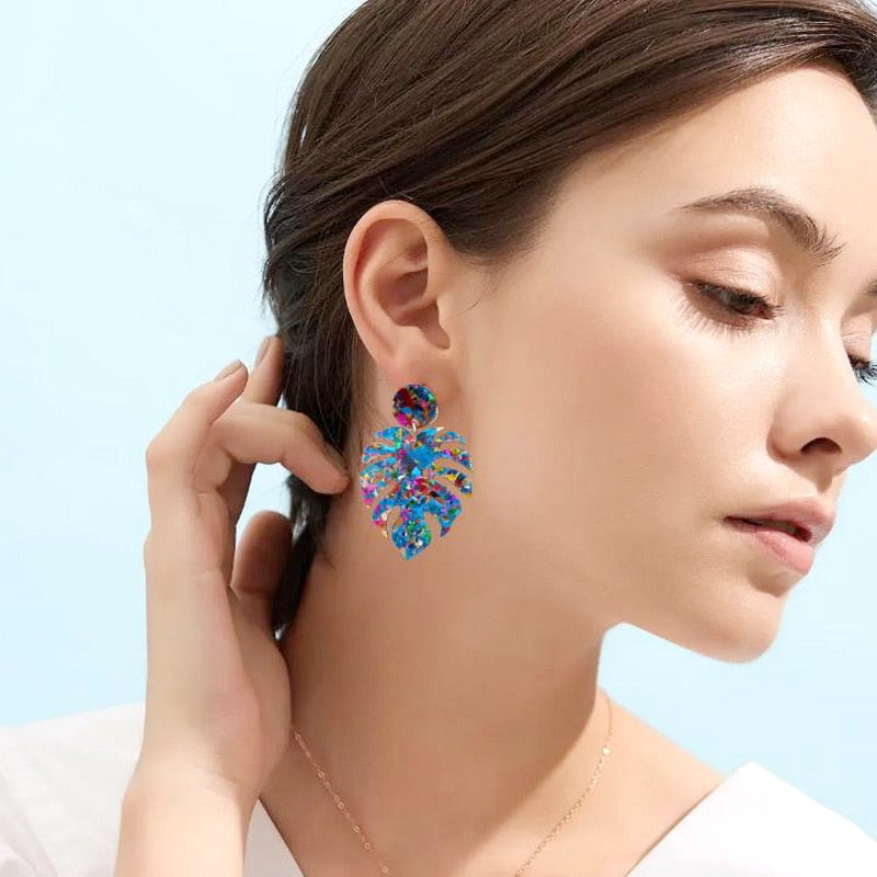 Shinning Royal Glitter Monstera Deliciosa Leaf Dangle Earrings for Girls Women