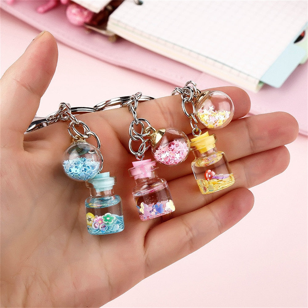 7 Styles Bottle With Glitter Flower Decor Keychain Gift Cute Charms Keyring