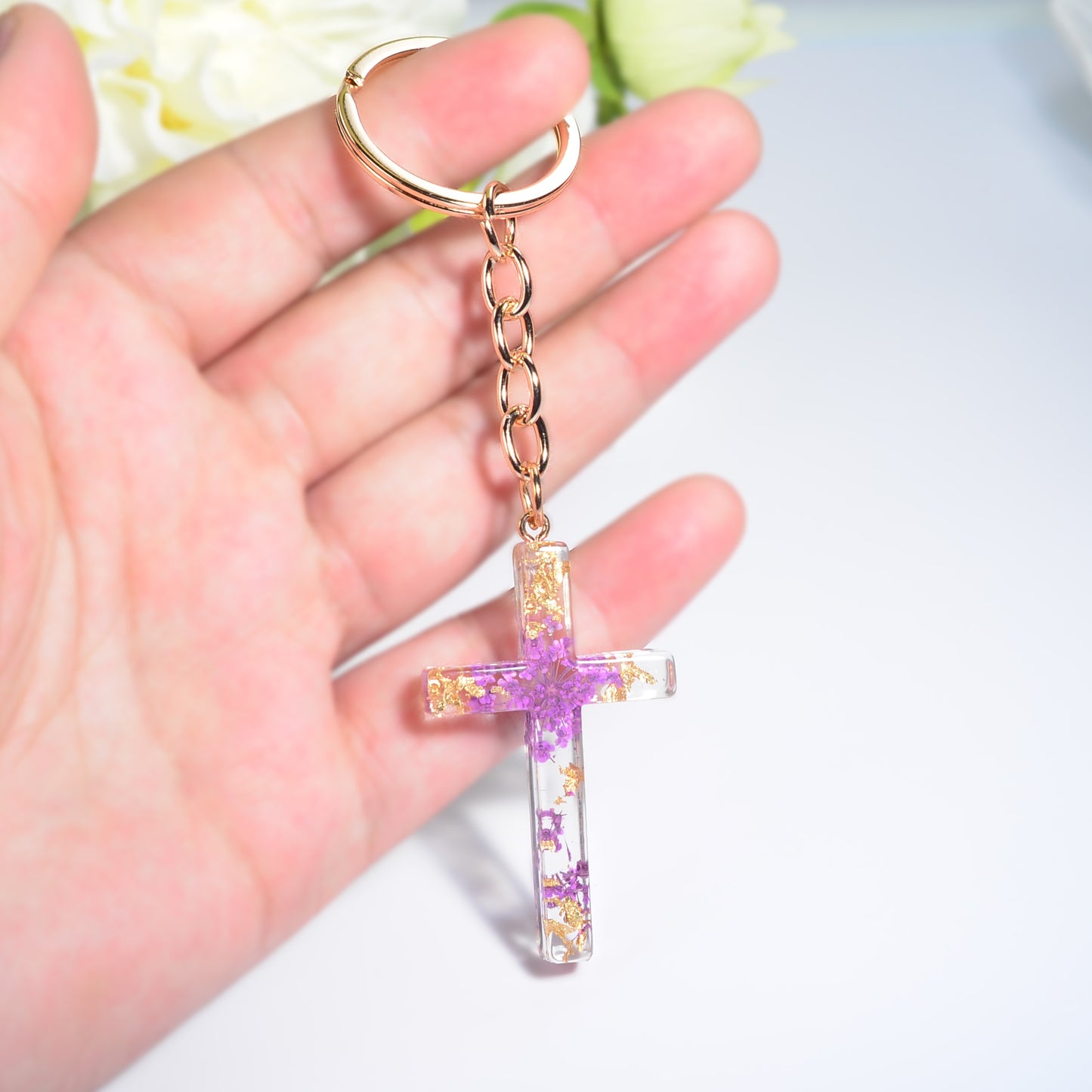 5 Styles Foil Dried Flower Filling Cross Keychain For Women Bag Ornaments