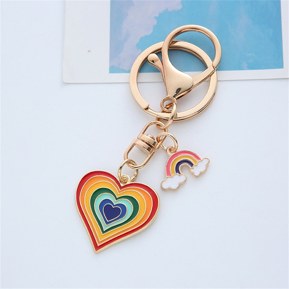 2 Styles Alloy Heart Rainbow Charms Keychain Couple Keyring Love Gift Woemn Bag