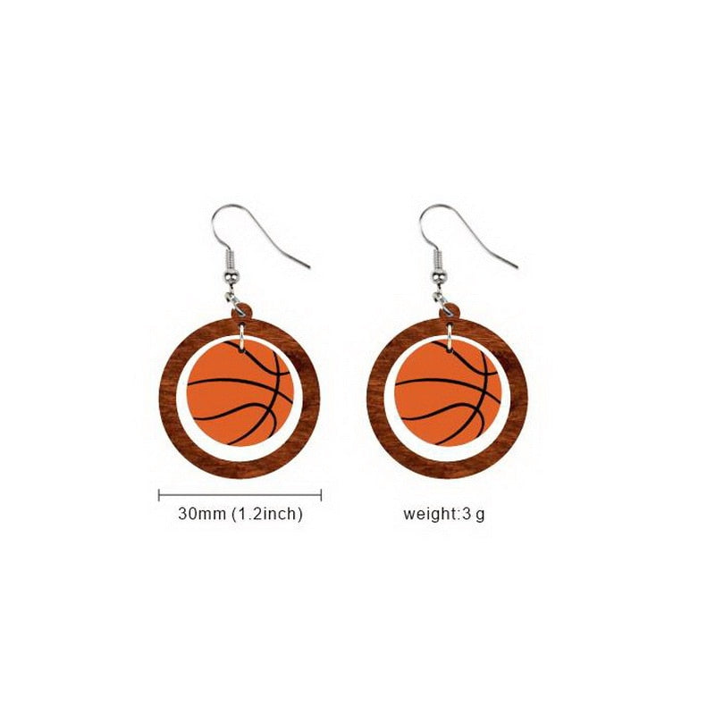 Round Wood Sports Basketball Dangle Earrings for Girls Women Birthday Gift