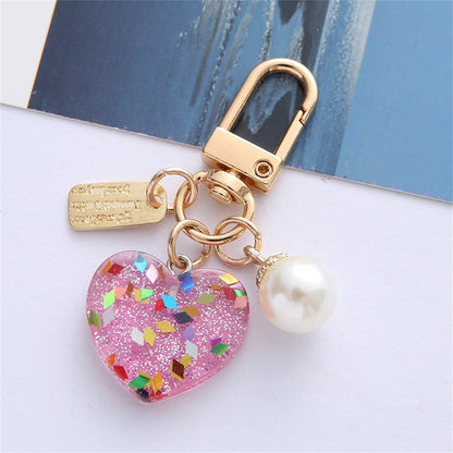 Pink Glitter Resin Heart Key Chain Sequins Filled Keychain with Pearl Charm for