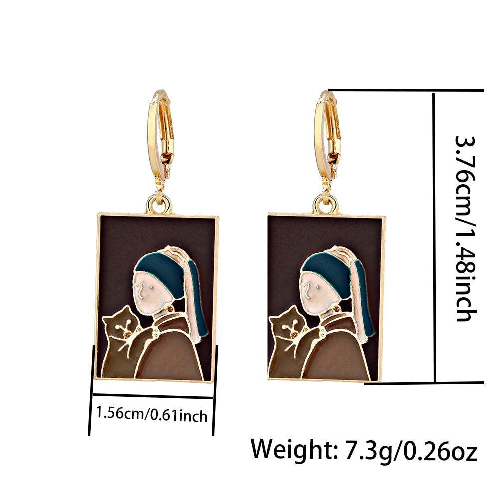 Girl and Cat Painting Drop Earrings Jewelry For Women Fashion Accessories Trendy