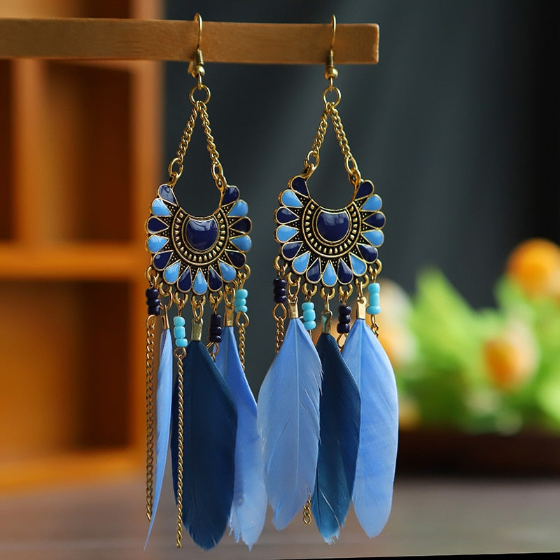 Two Tone Blue Boho Ethnic Feather Dangle Earrings Fashion Party Girls Pendant