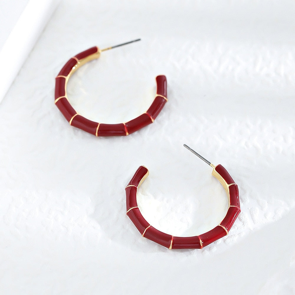 Burgundy Bamboo Style Hoop Earrings Hip Hop Women Party Gift Jewelry Ear Fashion