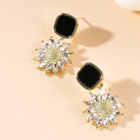 1pair Black Detail Sunflower Drop Dangle Earrings Trendy Women Fashion Earrings