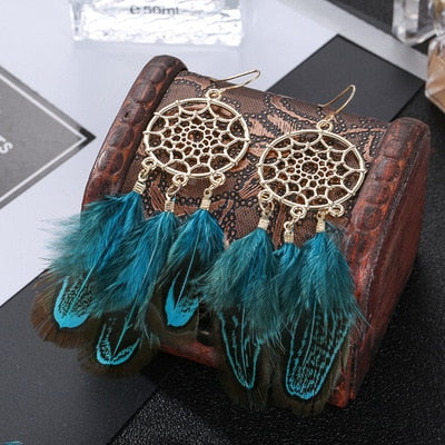 Boho Ethnic Dream Catcher Blue Feather Dangle Earrings Fashion Party Girls