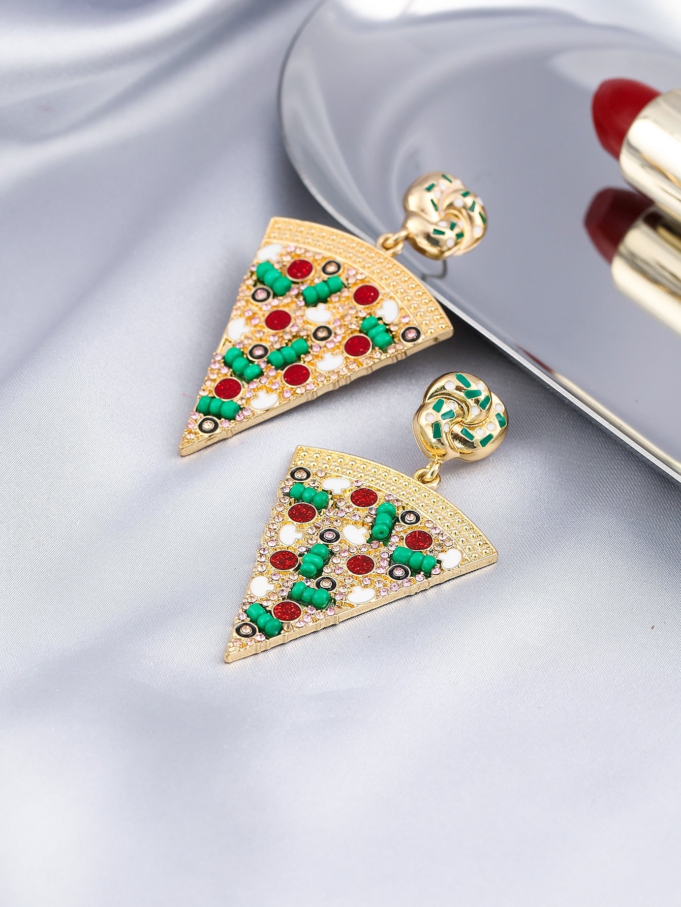 Rhinestone Pizza Slice Decor Lady Cute Dangle Earrings for Women Jewelry Girls