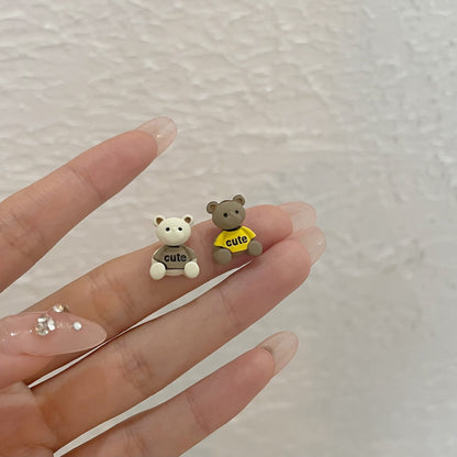 Two Tone Bear Earrings Stud Women Girls Fashion Cute Accessory Jewelry