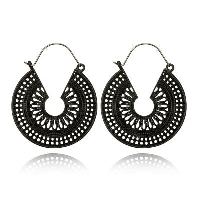 Black Geometric Patterm Round Hoop Earrings Trendy Women Fashion Earrings