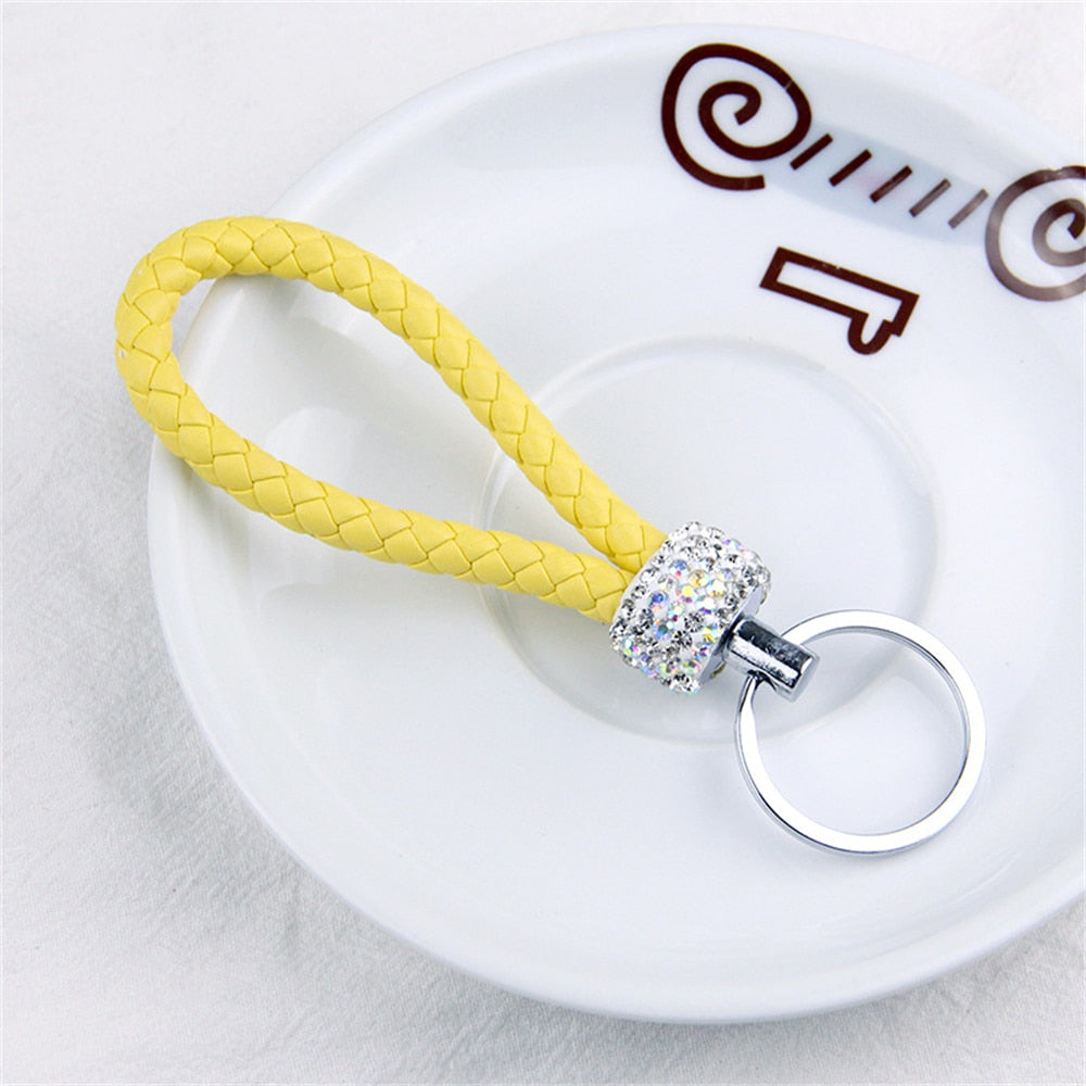 14 Styles PU Leather Braided Rope Keychain Glitter Rhinestones Key Ring For