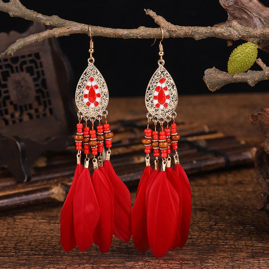 Red Beaded Feather Dangle Earrings for Fashion Stylish Jewelry Drop Earrings