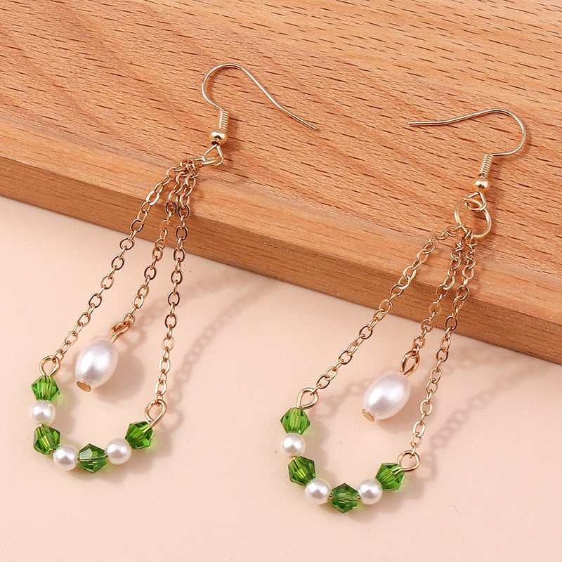 White Green Beaded Hammock Drop Dangle Earrings Trendy Women Fashion Earrings