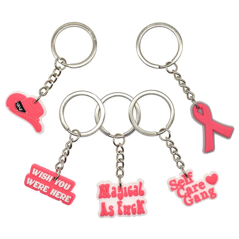 20 Styles Cartoon Breast Cancer Salon PVC Keychain Pink Ribbon Keyring Keychain