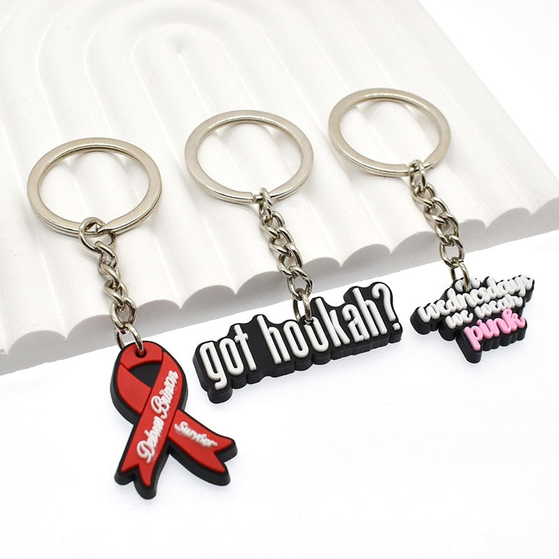 20 Styles Cartoon Breast Cancer Salon PVC Keychain Pink Ribbon Keyring Keychain