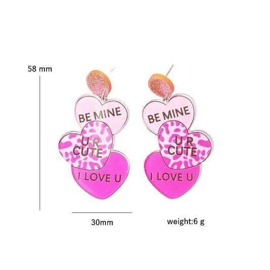 Be Mine Pink Hearts Acrylic Drop Dangle Earrings Trendy Women Fashion Earrings