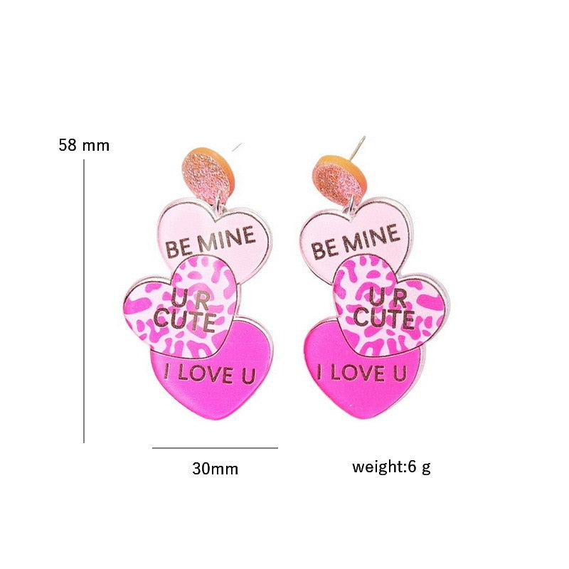 Be Mine Pink Hearts Acrylic Drop Dangle Earrings Trendy Women Fashion Earrings