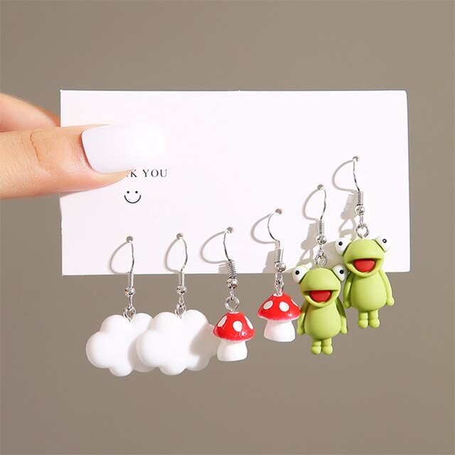 3 Pairs Frog Mushroom Cloud Drop Earrings Fashion Women Summer Party Jewelry