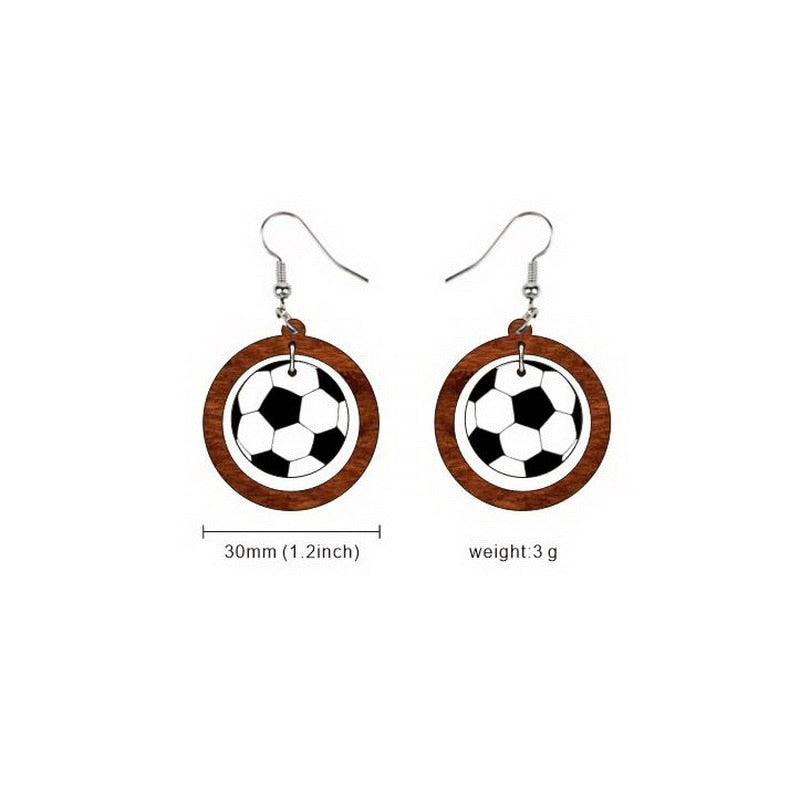 Round Wood Sports Football Dangle Earrings for Girls Women Birthday Gift Lovely